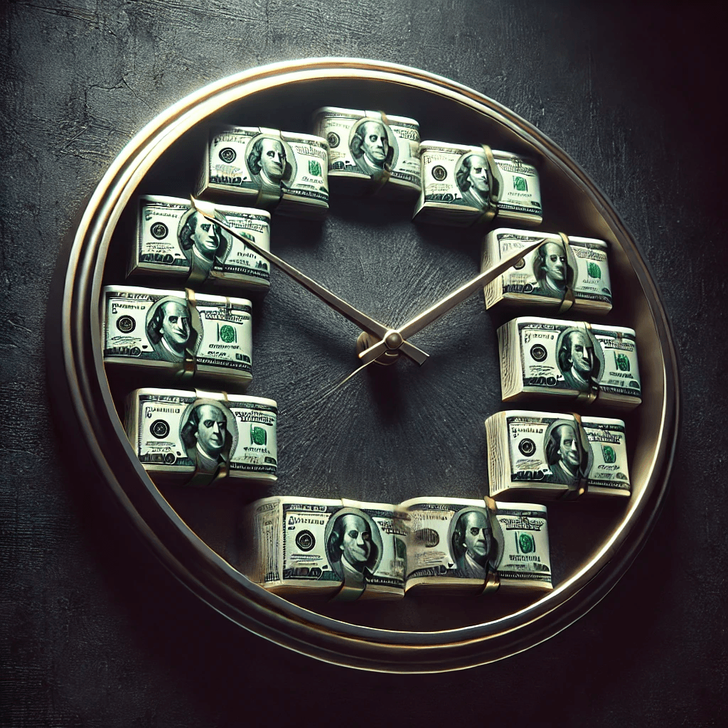 Logo de PaloteTips: un reloj hecho con fajos de billetes
